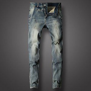 Men Jeans Retro Blue Color Slim Fit Pants